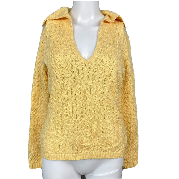 Talbots Sweater Womens Sz P Petite Yellow Cotton Cable Knit V Neck Collared - Picture 1 of 9